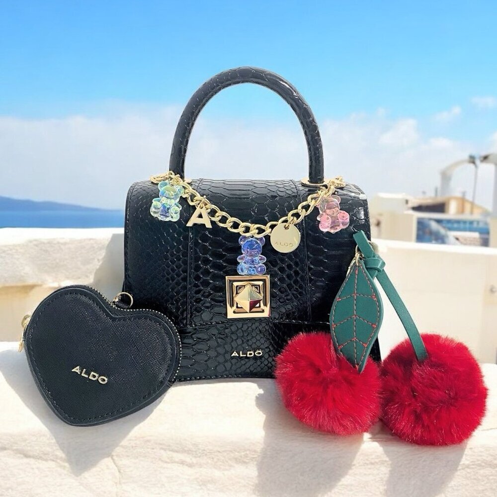 Aldo Special Edition Gummy Bear Heart Coin Case Cherries Charm Black Handbag